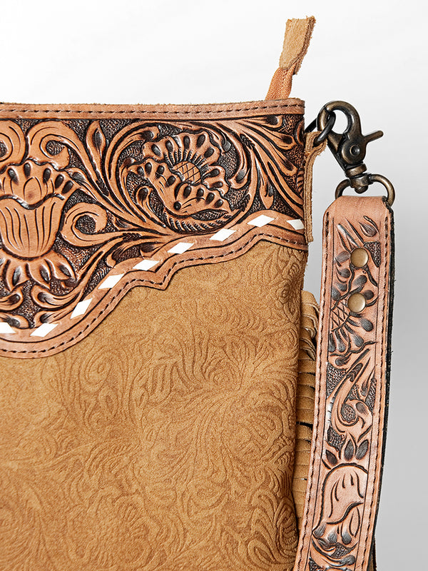 ADBGS192 Floral Embossed Leather Large Crossbody Bag with Fringe & Tooled Strap - Western Elegant Purse