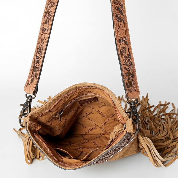 ADBGS192 Floral Embossed Leather Large Crossbody Bag with Fringe & Tooled Strap - Western Elegant Purse