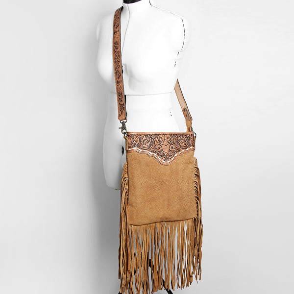 ADBGS192 Floral Embossed Leather Large Crossbody Bag with Fringe & Tooled Strap - Western Elegant Purse