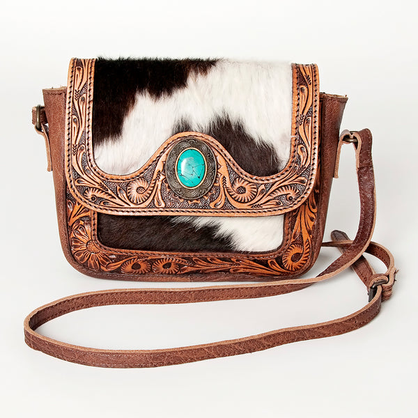 ADBG824 American Darling Hand Tooled Leather Cross body Bag with Hair-On Cowhide and Turquoise Concho