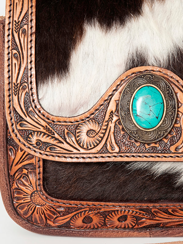 ADBG824 American Darling Hand Tooled Leather Cross body Bag with Hair-On Cowhide and Turquoise Concho