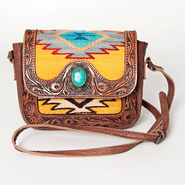 ADBG824 American Darling Western Leather Cross body Bag Hand Tooled Floral with Woven Saddle Blanket