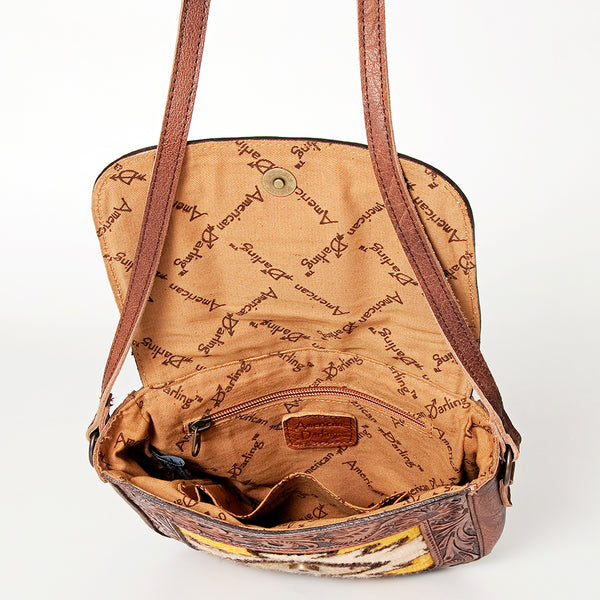 ADBG824 American Darling Western Leather Cross body Bag Hand Tooled Floral with Woven Saddle Blanket