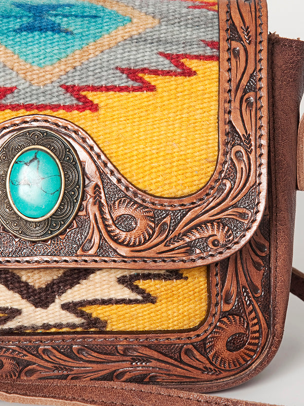 ADBG824 American Darling Western Leather Cross body Bag Hand Tooled Floral with Woven Saddle Blanket