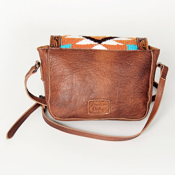 ADBG824 American Darling Western Leather Cross body Bag Hand Tooled Floral with Woven Saddle Blanket