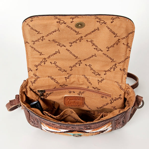 ADBG824 American Darling Western Leather Cross body Bag Hand Tooled Floral with Woven Saddle Blanket