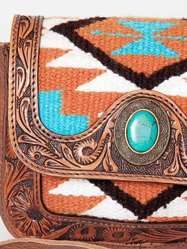 ADBG824 American Darling Western Leather Cross body Bag Hand Tooled Floral with Woven Saddle Blanket