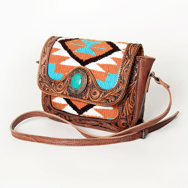 ADBG824 American Darling Western Leather Cross body Bag Hand Tooled Floral with Woven Saddle Blanket