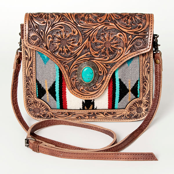 ADBG826 American Darling Western Small Cross body Bag Hand Tooled Floral & Hand Woven Saddle Blanket