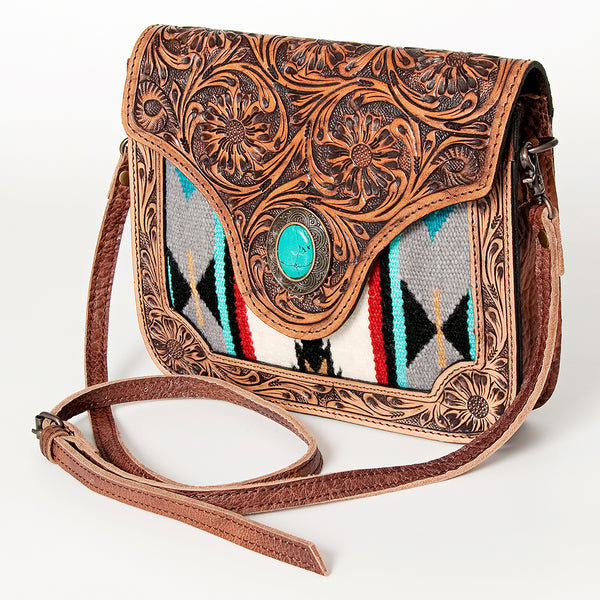 ADBG826 American Darling Western Small Cross body Bag Hand Tooled Floral & Hand Woven Saddle Blanket