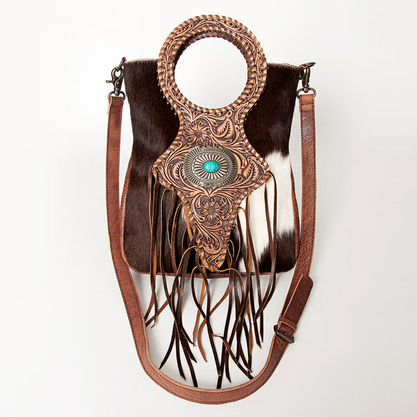 ADBG827 American Darling Western Clutch Bag Hand Tooled Floral with Hair-On Cowhide and Fringes