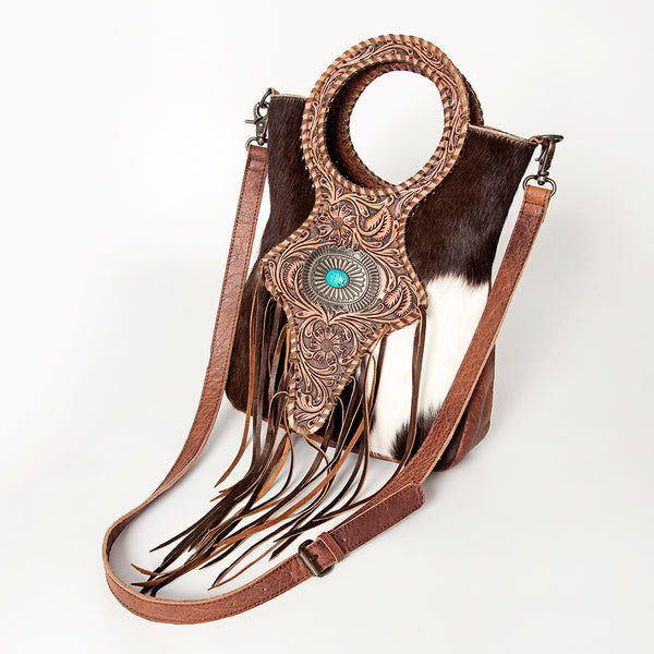 ADBG827 American Darling Western Clutch Bag Hand Tooled Floral with Hair-On Cowhide and Fringes
