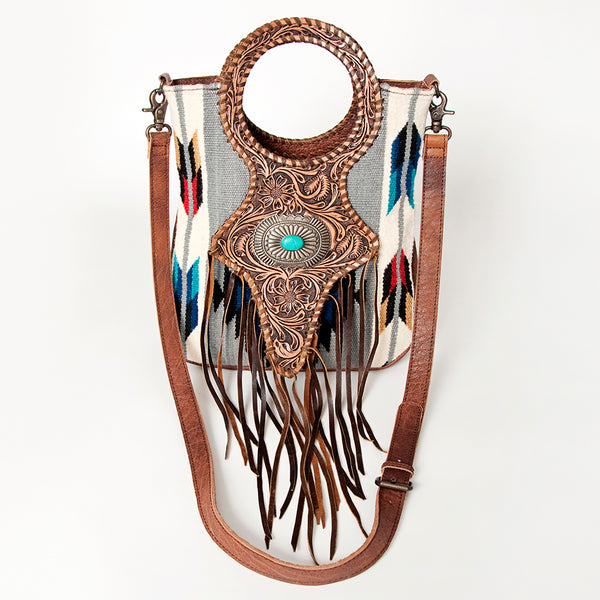 ADBG827 American Darling Western Clutch Bag Hand Tooled Floral with Hand Woven Saddle Blanket & Fringes