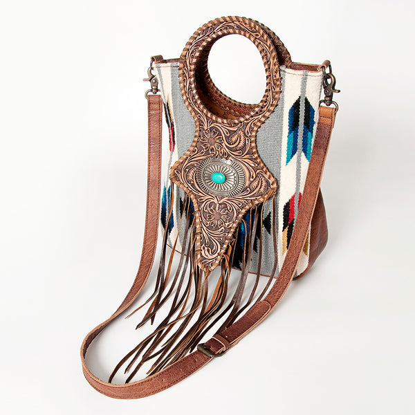 ADBG827 American Darling Western Clutch Bag Hand Tooled Floral with Hand Woven Saddle Blanket & Fringes