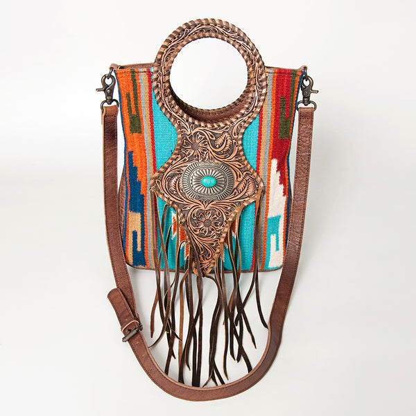 ADBG827 American Darling Western Clutch Bag Hand Tooled Floral with Hand Woven Saddle Blanket & Fringes