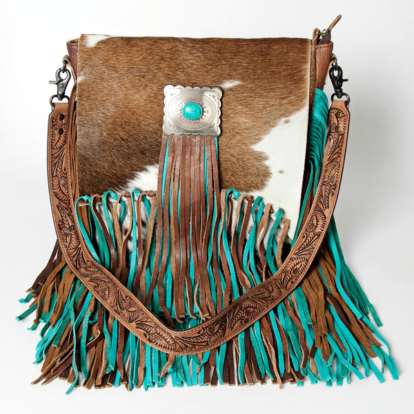 ADBG830 American Darling Western Messenger Bag Hair-On Cowhide with Turquoise Concho and Fringes