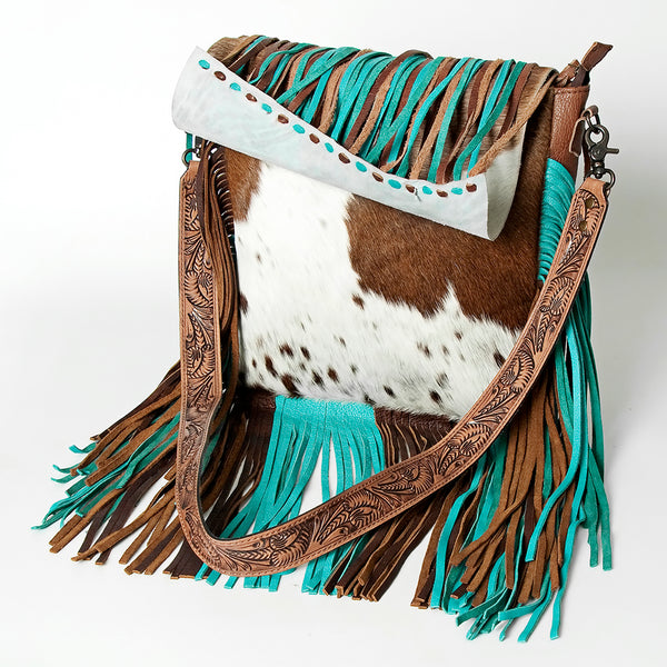 ADBG830 American Darling Western Messenger Bag Hair-On Cowhide with Turquoise Concho and Fringes