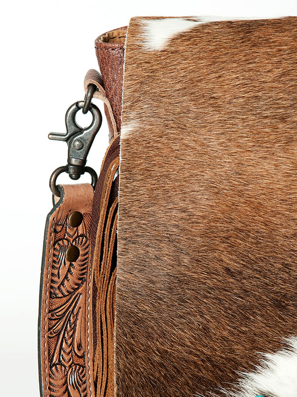 ADBG830 American Darling Western Messenger Bag Hair-On Cowhide with Turquoise Concho and Fringes