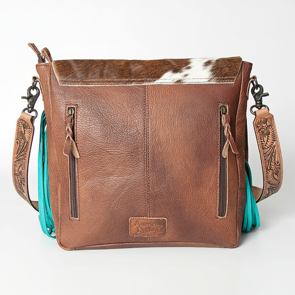 ADBG830 American Darling Western Messenger Bag Hair-On Cowhide with Turquoise Concho and Fringes