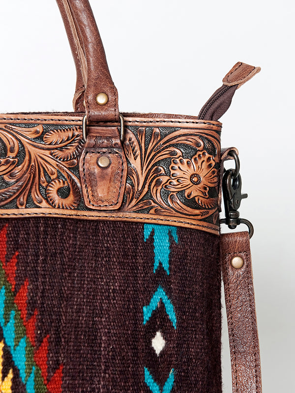 ADBG835 American Darling Western Tote Bag Hand Tooled Floral Carved with Hand Woven Saddle Blanket
