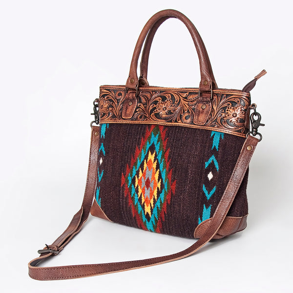 ADBG835 American Darling Western Tote Bag Hand Tooled Floral Carved with Hand Woven Saddle Blanket