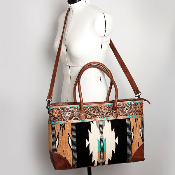ADBG835 American Darling Western Tote Bag Hand Tooled Floral Carved with Hand Woven Saddle Blanket