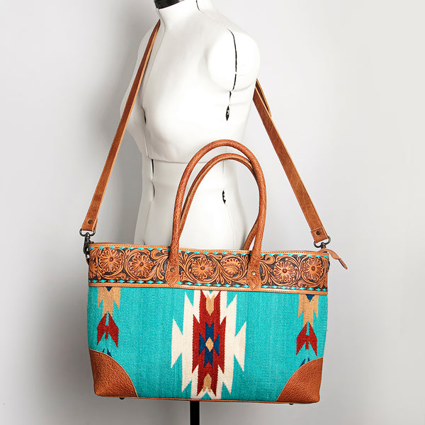 ADBG835 American Darling Western Tote Bag Hand Tooled Floral Carved with Hand Woven Saddle Blanket