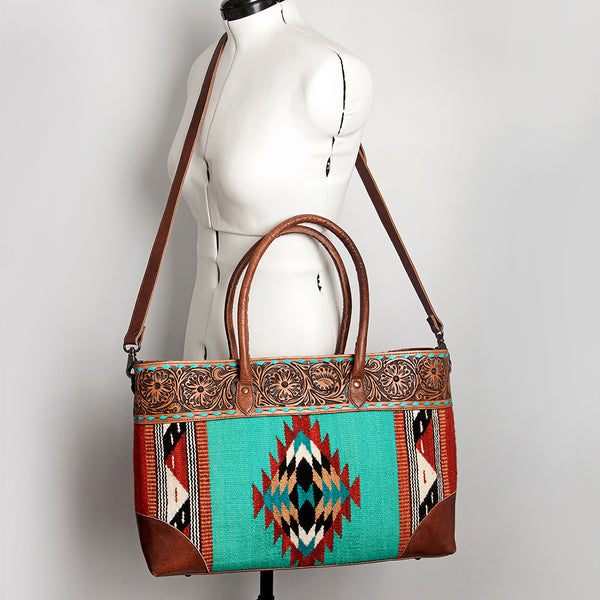 ADBG835 American Darling Western Tote Bag Hand Tooled Floral Carved with Hand Woven Saddle Blanket