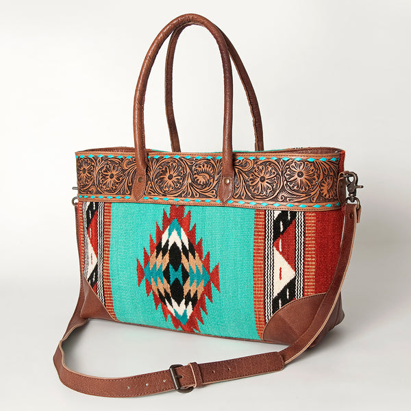 ADBG835 American Darling Western Tote Bag Hand Tooled Floral Carved with Hand Woven Saddle Blanket