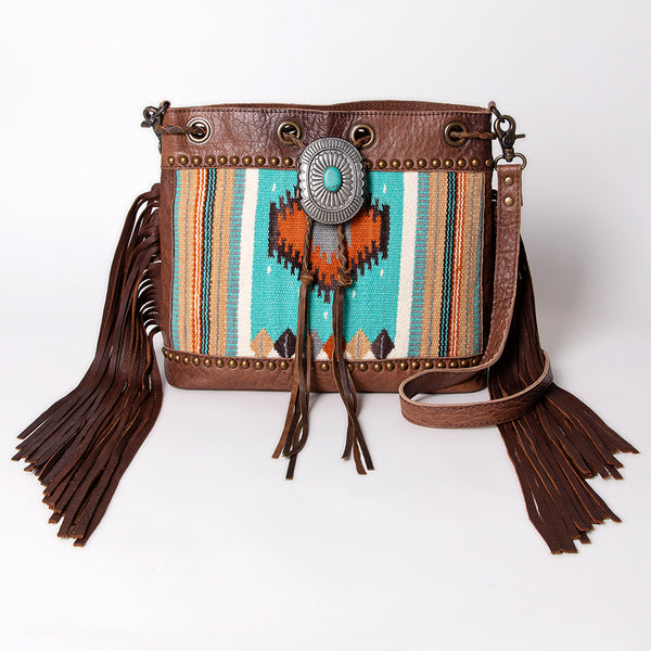 ADBG836 American Darling Western Bucket Bag with Hand Woven Saddle Blanket and Turquoise Concho