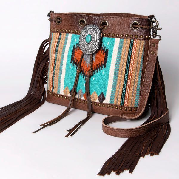 ADBG836 American Darling Western Bucket Bag with Hand Woven Saddle Blanket and Turquoise Concho