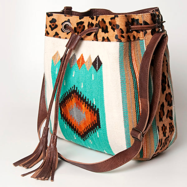 ADBG574 American Darling Aztec Woven Saddle Blanket & Leopard Cowhide Boho Bucket Bag
