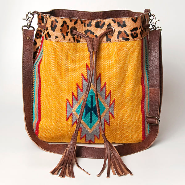 ADBG574 American Darling Aztec Woven Saddle Blanket & Leopard Cowhide Boho Bucket Bag