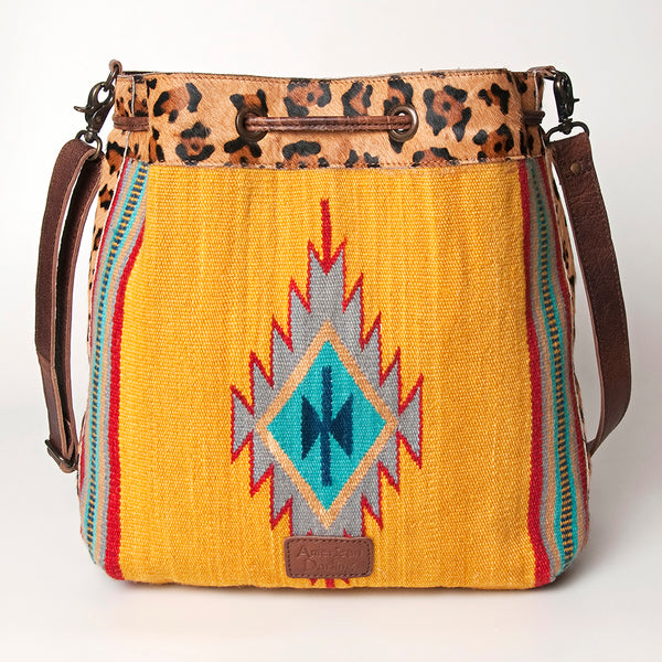 ADBG574 American Darling Aztec Woven Saddle Blanket & Leopard Cowhide Boho Bucket Bag