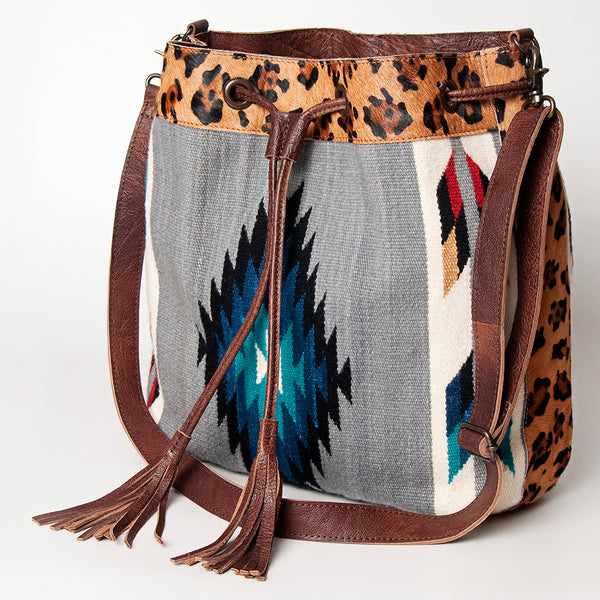 ADBG574 American Darling Aztec Woven Saddle Blanket & Leopard Cowhide Boho Bucket Bag