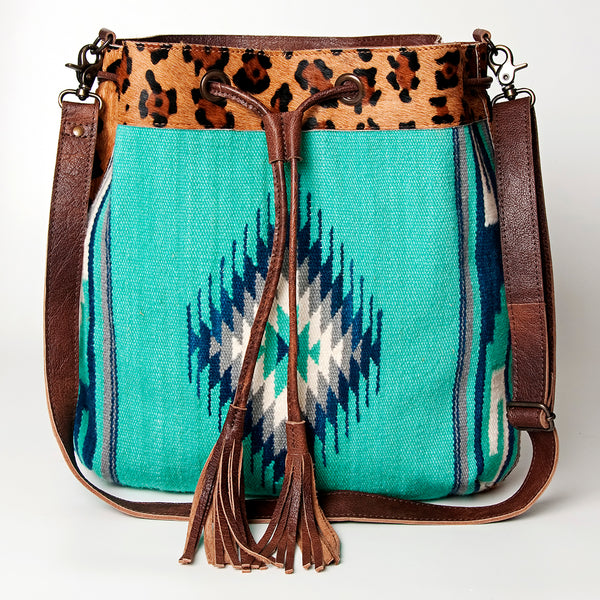 ADBG574 American Darling Aztec Woven Saddle Blanket & Leopard Cowhide Boho Bucket Bag
