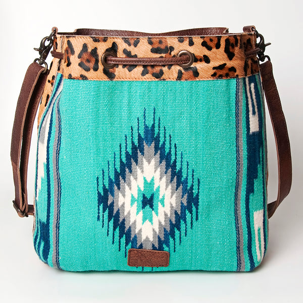 ADBG574 American Darling Aztec Woven Saddle Blanket & Leopard Cowhide Boho Bucket Bag