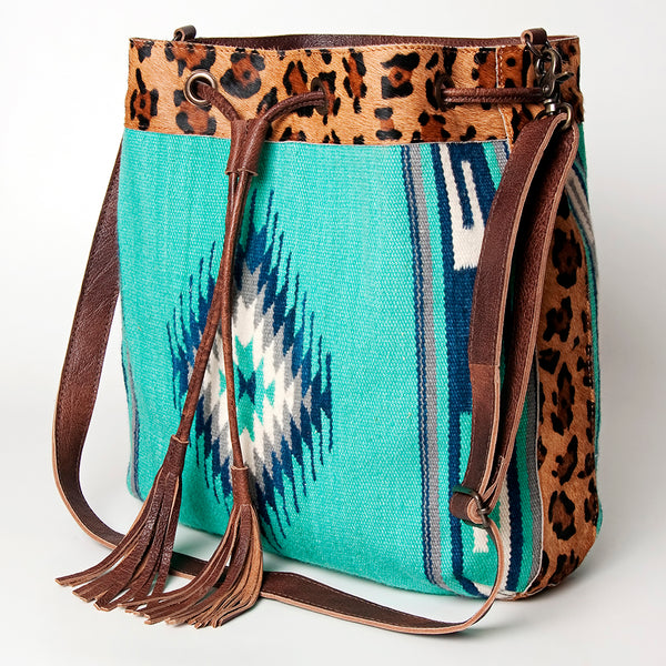 ADBG574 American Darling Aztec Woven Saddle Blanket & Leopard Cowhide Boho Bucket Bag