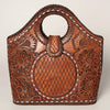 LC-ADBGZ597 Hand-Tooled Leather Tote with Floral & Basketweave Design - Western Round Handle Bag