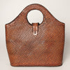 LC-ADBGZ597 Hand-Tooled Leather Tote with Floral & Basketweave Design - Western Round Handle Bag