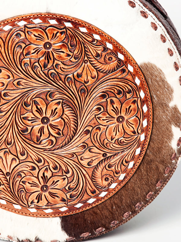 ADBGZ598 Round Tooled Leather Canteen with Cowhide & Floral Design - Western Circle Bag