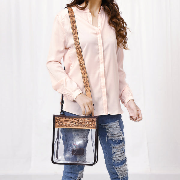 ADBGZ603 Clear Stadium Crossbody Bag with Floral Tooled Leather Trim - Western Concert Purse