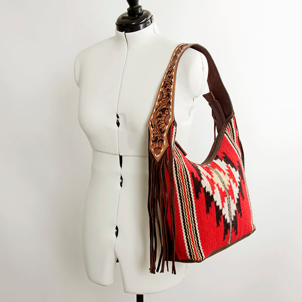 ADBGA212 American Darling Hand-Woven Saddle Blanket Hobo Bag Hand Tooled Leather Fringe