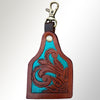LC-ADKRX102 Hand-Tooled Leather Keyring Western Floral Scroll with Turquoise Inlay