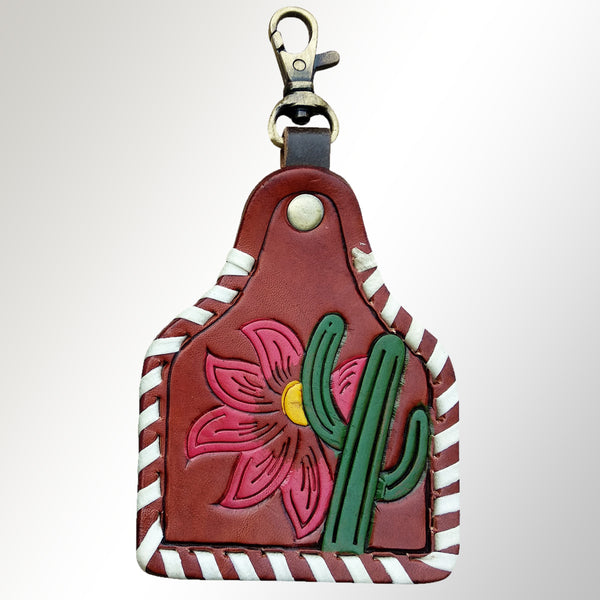 LC-ADKRX103 Hand-Tooled Cactus & Flower Leather Keyring Western Whipstitch Border Design