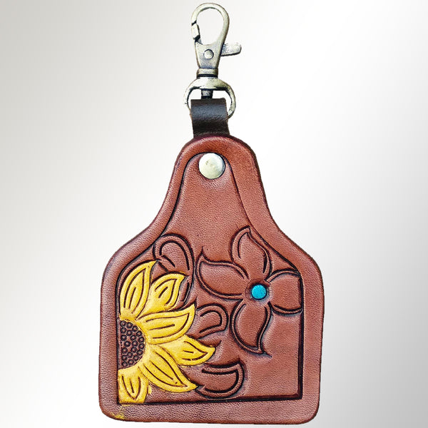 LC-ADKRX105 Hand-Tooled Leather Keyring Yellow Sunflower & Turquoise Floral Accent