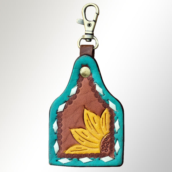 ADKRX107 Handcrafted Leather Keyring with Sunflower Tooling & Turquoise Border Western Style