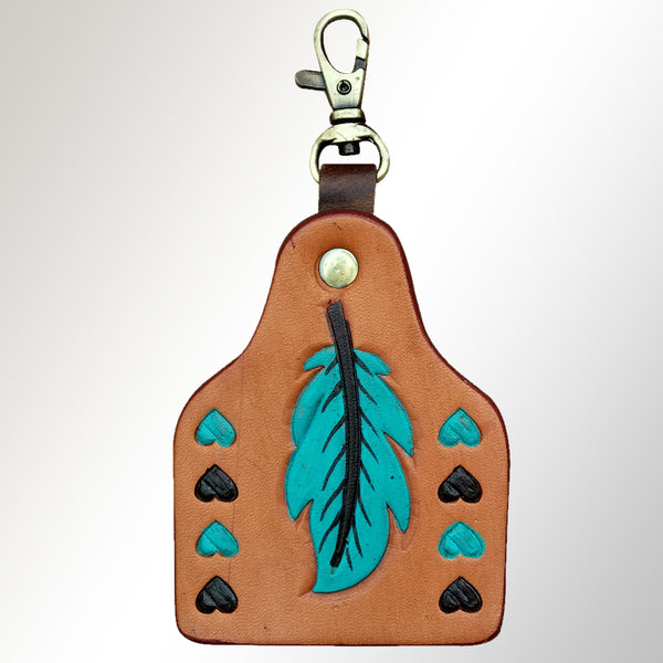 LC-ADKRX116 Hand-Tooled Leather Keyring Turquoise Feather with Black & Teal Heart Accents