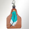 LC-ADKRX120 Hand-Tooled Leather Keyring Turquoise & White Feather on Tan Leather