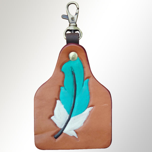 LC-ADKRX120 Hand-Tooled Leather Keyring Turquoise & White Feather on Tan Leather